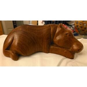 Hand Carved Wooden Hippo Figurine 6" Animal Folk Art Decor